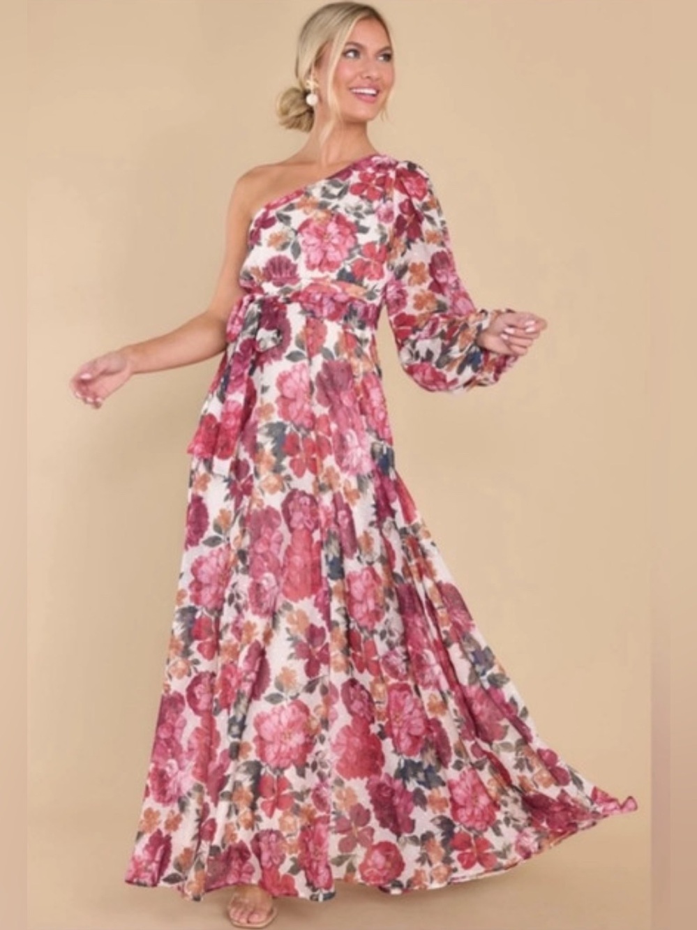 Red Dress Boutique x Aura Pink Floral One Shoulder Maxi Dress S